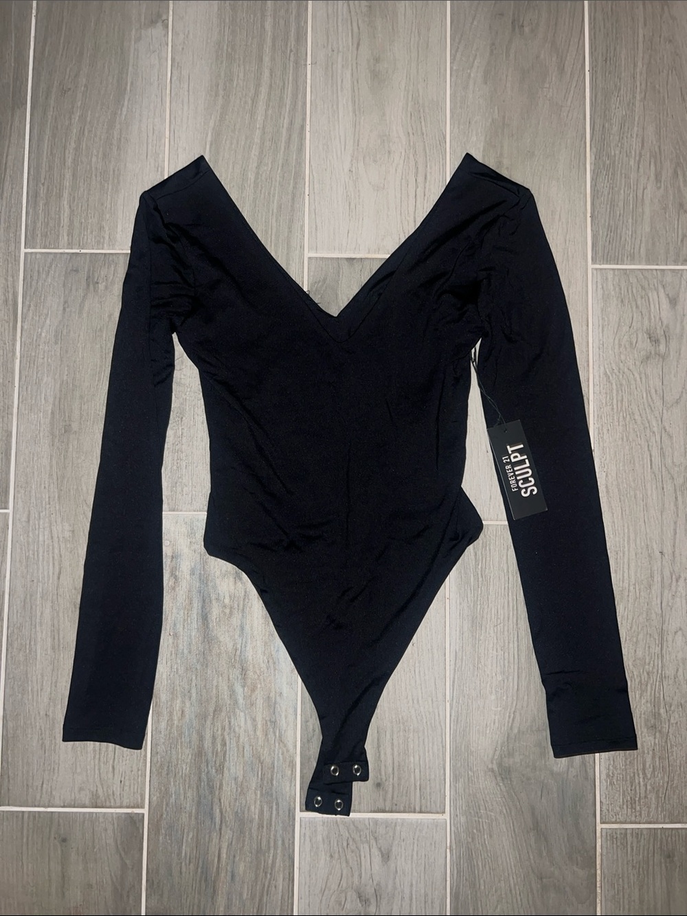 Forever 21 Black Long Sleeve V-Neck Bodysuit